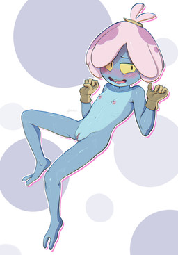2_toes accessory anthro blue_body blush breasts clothed clothing embarrassed feet female gloves gloves_only hair_accessory hairpin handwear handwear_only loli looking_at_viewer mostly_nude partially_clothed pattern_background simple_background small_breasts solo toes yellow_eyes young gheezz amphibia_(series) disney maddie_flour amphibian frog absurd_res hi_res signature