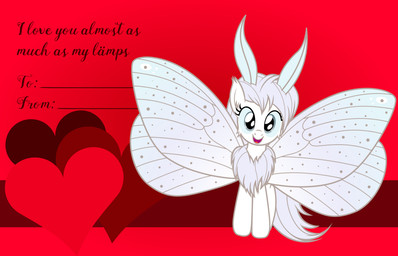 female fur grey_eyes hair holidays insect_wings looking_at_viewer mane solo text valentine's_day_card white_body white_fur white_hair wings badumsquish hasbro my_little_pony valentine's_day fan_character fluf_(mlp) arthropod equid equine horse hybrid insect lepidopteran mammal moth mothpony pony english_text hi_res