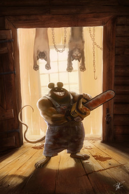 anthro blood bodily_fluids chain chainsaw clothing creepy dangling death door doorway gloves grin group handwear hook lock looking_at_viewer male power_tool smile tail tools whiskers window ramon_acedo domestic_cat felid feline felis mammal mouse murid murine rodent