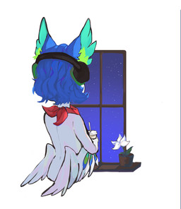 anthro beverage container cosmic_background cup drinking_straw electronics feathers female flower headphones inner_ear_fluff kerchief plant plant_pot potted_plant rear_view simple_background solo star starry_background tuft white_background basilbxun perico avian bird absurd_res half-length_portrait hi_res portrait