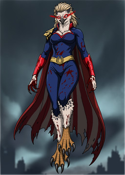 anthro avian_feet beak blonde_hair blood blood_on_hand blood_splatter bodily_fluids cape city city_background claws clothing crossgender feet female flying hair hovering laser laser_eyes long_hair slim solo superhero superhero_costume talons toes fur_boy7 the_boys_(series) homelander_(the_boys) accipitrid accipitriform avian bird eagle harpy_eagle absurd_res cel_shading digital_drawing_(artwork) digital_media_(artwork) hi_res shaded
