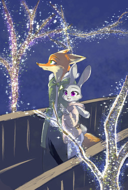 anthro biped clothed clothing duo fully_clothed fur gesture green_eyes grey_body grey_fur hand_gesture hoodie light lights open_mouth open_smile orange_body orange_fur outside pointing purple_eyes smile standing topwear moromorowephi disney zootopia judy_hopps nick_wilde canid canine fox lagomorph leporid mammal rabbit red_fox true_fox 2020 absurd_res hi_res lighting