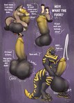 abs anthro balls biceps big_balls big_penis black_body black_scales bodily_fluids claws cock_vore cum cum_vore dialogue digestion digitigrade duo genital_fluids genitals huge_balls huge_penis humanoid_genitalia humanoid_penis male male_pred male_prey muscular muscular_anthro muscular_male nude partially_inside penile penis profanity scales stretched_urethra teeth text urethra vore yellow_body yellow_scales masterokami miko_(wolf-skoll) torok_(elsifthewolf) canid canine canis dinosaur mammal prehistoric_species reptile scalie theropod tyrannosaurid tyrannosauroid tyrannosaurus tyrannosaurus_rex absurd_res english_text hi_res