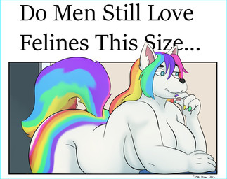 anthro belly big_butt breasts butt casual_nudity curvy_figure female hair multicolored_hair nude rainbow_hair solo text pickles-hyena do_men_still_love_women_this_size felid feline mammal english_text meme