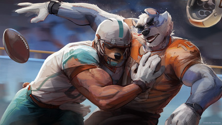 action_scene american_football american_football_uniform anthro ball biceps blood blue_body blue_fur bodily_fluids brown_body brown_fur clothing duo football_helmet football_jersey fur gridiron_ball male muscular muscular_male sport tackle teeth uniform wearing_gloves sinibun_95 jay_wolfe badger bear mammal mustelid musteline 16:9 2025 digital_media_(artwork) hi_res widescreen