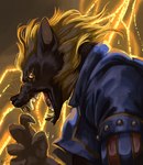 absurd_res anthro blonde_eyelashes blonde_facial_hair blonde_hair blonde_sideburns brown_body brown_fur canid canine canis claws clothing coat eyelashes facial_hair fangs fur hair hi_res loup-garou_(megami_tensei) male mammal multicolored_clothing multicolored_coat multicolored_topwear mythological_canine mythological_creature mythology panthera_arven shin_megami_tensei_v sideburns solo teeth topwear were werecanid werecanine werewolf wolf yellow_eyes