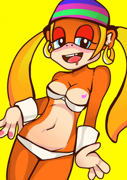 anthro blonde_hair blue_eyes bodily_fluids bra breasts clothed clothing drooling ear_piercing ear_ring female fur hair hat headgear headwear hoop_ear_ring long_hair looking_at_viewer nipples open_mouth panties piercing ring_piercing saliva simple_background skimpy solo standing teeth tongue underwear undressing yellow_background nekomancergd donkey_kong_(series) nintendo tiny_kong haplorhine kong mammal monkey primate 2020 hi_res