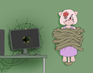 accessory anthro computer computer_mouse cracked_wall destroyed_structure electronics female flower flower_accessory flower_in_hair furniture hair hair_accessory keyboard plant simple_background solo table taped_to_wall catsockjus bella_(catsockjus) felid mammal hi_res