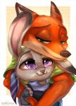 :3 anthro clothing countershading duo female fur green_eyes grey_body grey_fur happy long_ears love male predator/prey purple_eyes romantic romantic_couple size_difference smile leokatana disney zootopia judy_hopps nick_wilde canid canine fox lagomorph leporid mammal rabbit red_fox true_fox 2016