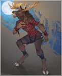 anthro antlers brown_body brown_fur claws clothing cloven_hooves flannel full_moon fur hooves horn male moon night open_mouth solo torn_clothing transformation wardrobe_malfunction drpickelle deer mammal moose new_world_deer werecreature weredeer hi_res