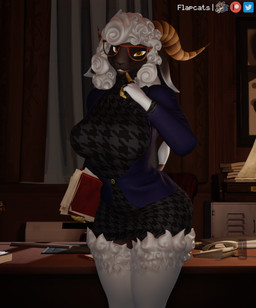 anthro antlers black_body bottomwear clothed clothing desk eyewear female fluffy fluffy_hair fur furgonomics furniture glasses hair horn jacket long_ears looking_at_viewer office skirt solo table tail tail_through_skirt topwear white_body white_fur flapcats warfaremachine_(modeler) warfare_goat bovid caprine goat mammal 3d_(artwork) digital_media_(artwork) hi_res