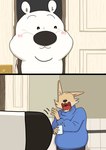 2024 anthro bear biped black_nose blush canid canine clothing comic door dot_eyes duo fox here's_johnny_(meme) hi_res kemono mammal panda_po parody polar_bear scared slightly_chubby smile stephen_king_(copyright) sweater the_shining topwear ursine white_body