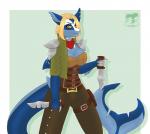 5_fingers anthro armor blonde_hair blue_body blue_skin clothed clothing dagger dual_wielding fantasy female fingers hair hairs holding_object holding_weapon leather looking_at_viewer melee_weapon simple_background smile solo weapon octipop uri_bennet_(ryltar) fish marine shark 2020 hi_res