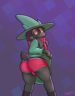 abstract_background anthro black_body black_eyes black_fur bodily_fluids briefs bulge butt clothed clothing clothing_lift eyewear fangs fingers fur glasses hat headgear headwear long_ears looking_at_viewer looking_back male nervous presenting presenting_hindquarters robe scarf shy simple_background smile solo standing sweat teeth underwear skymafia deltarune undertale_(series) ralsei bovid caprine darkner goat mammal 2018 digital_media_(artwork) hi_res