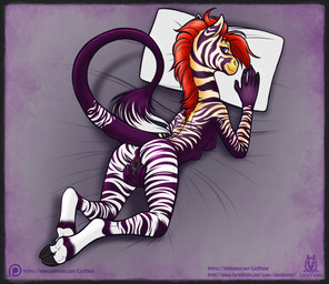 4_breasts 5_fingers anthro anus arched_back bedding bedding_background bedroom_eyes biped bodily_fluids border breasts butt clitoris cloven_hooves feet_together female fingers fur genital_fluids genitals hair high-angle_view hooves inviting long_neck looking_at_viewer looking_back lying mane multi_breast narrowed_eyes nipples nude on_front orange_mane pillow presenting presenting_anus presenting_hindquarters presenting_vulva purple_body purple_eyes purple_fur purple_stripes raised_tail rear_view seductive side_boob smile smirk solo spread_vulva spreading stripes tail tail_tuft tall tuft urethra vaginal_fluids vulva lichfang shannon_o'kabra equid equine giraffid hybrid mammal okapi zebra 2017 digital_media_(artwork) full-length_portrait hi_res portrait