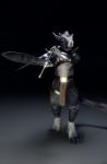 2018 3d_(artwork) absurd_res anthro arceronth armor belt bottomwear brown_eyes clothing digital_media_(artwork) digitigrade dragon felkin fur furred_dragon furred_scalie grey_body grey_fur hi_res horn loincloth looking_at_viewer male melee_weapon mythological_creature mythological_scalie mythology scalie simple_background solo standing sword tail weapon white_body white_fur