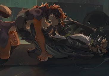 all_fours animal_genitalia animal_penis anthro anthro_on_anthro black_penis bodily_fluids canine_genitalia canine_penis clenched_teeth collar dripping duo ear_piercing erection eyes_closed floppy_ears genital_fluids genitals knot leash leash_pull leashed_collar licking lying male male/male nude on_back oral penile penis penis_lick piercing precum precum_drip pubes sex teeth tongue tongue_out alikars canid canine canis domestic_dog mammal hi_res
