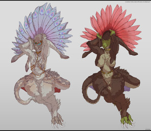 anthro arm_tentacle black_bars breasts claws collar crown duo eye_makeup feathered_crest feathers featureless_breasts featureless_crotch female head_crest head_feathers head_tentacle headgear male nude pillow raised_arms simple_background sitting tail tiara waist_chain conditional_dnp oouna pinwheel_(snekguy) snekguy alien valbaran absurd_res hi_res letterbox