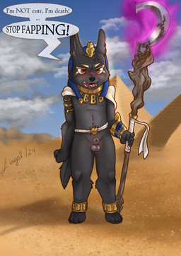 anatomically_correct anatomically_correct_genitalia angry animal_genitalia anthro balls clothing desert egyptian egyptian_architecture egyptian_clothing genitals looking_at_viewer male public public_nudity pyramid sand sheath solo text weapon young young_anthro young_male liryal egyptian_mythology middle_eastern_mythology mythology anubis canid canine canis deity jackal mammal absurd_res english_text hi_res