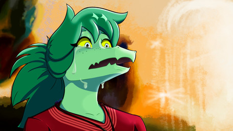 anthro bodily_fluids crying detailed_background eyelashes female freckles green_body green_hair green_scales grey_eyes hair jewelry long_hair necklace open_mouth outside scales snout solo tears tears_of_joy text yellow_sclera andres_paredes cavemanon_studios i_wani_hug_that_gator olivia_halford baryonyx dinosaur prehistoric_species reptile scalie spinosaurid theropod 16:9 2024 4k absurd_res artist_name digital_drawing_(artwork) digital_media_(artwork) hi_res watermark widescreen