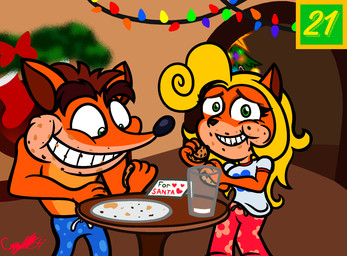 5_fingers anthro baubles black_eyebrows black_nose blonde_hair blue_bottomwear blue_clothing blue_pajama_pants blue_pants bottomwear breasts brown_eyebrows brown_hair brown_inner_ear candy candy_cane christmas_decorations christmas_lights christmas_stocking christmas_tree closed_smile clothed clothed_anthro clothed_female clothed_male clothing container cookie crumbs_on_face dessert duo eating eating_cookie eating_food embarrassed eye_contact eyebrows female female_anthro fingers food food_on_face fully_clothed fully_clothed_anthro fully_clothed_female fur furniture garland glass glass_container glass_of_milk green_eyes hair holding_cookie holding_food holding_object holidays inside light looking_at_another male male_anthro milk milk_container mouth_closed multicolored_body note number orange_body orange_fur pajama_pants pants plant plate ponytail red_bottomwear red_clothing red_pajama_pants red_pants sheepish_grin shirt short_hair smile smiling_at_viewer standing table tan_body tan_skin text_box thick_eyebrows toothy_grin topless topless_anthro topless_male topwear tree wall_(structure) white_clothing white_shirt white_topwear captainquack64 activision christmas crash_bandicoot_(series) coco_bandicoot crash_bandicoot bandicoot barred_bandicoot mammal marsupial 2022 colored digital_drawing_(artwork) digital_media_(artwork) english_description hi_res lighting shaded signature simple_shading brother_(lore) brother_and_sister_(lore) sibling_(lore) sister_(lore)