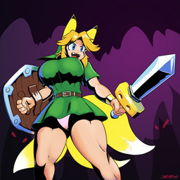 3_tails alternate_species big_breasts blonde_hair blue_eyes breasts clothing crossgender female hair melee_weapon multi_tail muscular muscular_female muscular_humanoid open_mouth shield shirt smile solo sword tail topwear tunic underwear weapon snesflint majora's_mask nintendo ocarina_of_time the_legend_of_zelda link young_link animal_humanoid canid canid_humanoid canine canine_humanoid fox_humanoid humanoid mammal mammal_humanoid 1:1 2020 hi_res