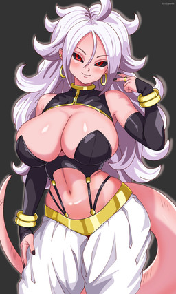 arm_warmers armwear big_breasts black_background black_fingernails black_nails black_sclera blush bottomwear bracelet breasts clothing colored_nails ear_piercing ear_ring female fingernails gesture glistening glistening_body glistening_breasts glistening_skin hair hand_gesture hand_on_leg hand_on_thigh hoop_ear_ring huge_breasts humanoid_pointy_ears jewelry long_hair looking_at_viewer midriff nails navel not_furry pants piercing pink_body pink_skin pointy_ears red_eyes ring ring_piercing simple_background small_waist smile solo tail text white_bottomwear white_clothing white_hair white_pants wide_hips eclypsea dragon_ball dragon_ball_fighterz android_21 majin_android_21 humanoid majin tailed_humanoid 2026 absurd_res artist_name hi_res portrait three-quarter_portrait