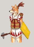 anthro asian_clothing axe bottomless bottomless_anthro bottomless_male clothed clothing east_asian_clothing fur hair holding_axe holding_object holding_shield holding_weapon japanese_armor japanese_clothing looking_aside male markings multicolored_body multicolored_fur ponytail shield simple_background solo tribal tribal_markings two_tone_body two_tone_fur weapon banoncat canid canine fox mammal 2021