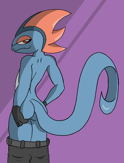 anthro bedroom_eyes bottomwear butt butt_grab clothed clothing fin gloves hand_on_butt handwear looking_back male narrowed_eyes nude pants seductive solo tail topless topless_male vanny_1208 nintendo pokemon krit_(vanny_1208) generation_8_pokemon inteleon pokemon_(species)