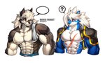 abs anthro biceps clothed clothing fur group hair male muscular muscular_anthro muscular_male nipples pecs red_eyes scar simple_background speech_bubble wolfmalro cheong_hwan drks_(drks) alaskan_malamute canid canine canis domestic_dog mammal nordic_sled_dog spitz wolf absurd_res digital_media_(artwork) hi_res