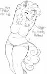 anthro anthrofied areola big_breasts blush bottomwear breasts clothed clothing dialogue female muffin_top_(bottomwear) muffin_top_(general_use) nipples pose shorts simple_background slightly_chubby solo text topless evehly friendship_is_magic hasbro my_little_pony pinkie_pie_(mlp) earth_pony equid equine horse mammal pony 2016 digital_drawing_(artwork) digital_media_(artwork) english_text hi_res monochrome