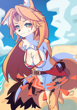5_toes anthro barefoot beach belt big_breasts bikini blonde_hair blush bodily_fluids bottomwear breasts chest_tuft clothed clothing cloud ear_tuft feet female footprint fur green_eyes hair hands_behind_back humanoid_feet long_hair looking_at_viewer navel outside plantigrade pouch_(clothing) sand skirt solo standing sweat swimwear tail toes translucent translucent_clothing tuft two-piece_swimsuit white_body white_fur yellow_body yellow_fur himeko_nodanuki mihoyo zenless_zone_zero pulchra_fellini felid feline felis mammal thiren 2026 absurd_res digital_media_(artwork) hi_res