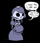 bone breasts clothing crown dress feathers female headgear not_furry pillow princess royalty simple_background skeleton slightly_chubby solo text transparent_background lowkey towergirls skeleton_princess animated_skeleton undead alpha_channel english_text