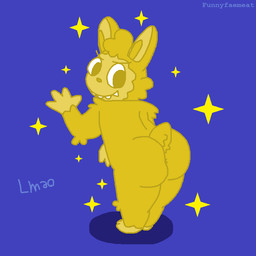 ambiguous_gender anthro anus arm_tuft big_butt blue_background butt cheek_tuft facial_tuft fluffy fur golden_body head_tuft looking_back presenting presenting_hindquarters sharp_teeth shoulder_tuft simple_background slightly_chubby slightly_chubby_anthro solo sparkles teeth text tuft yellow_body yellow_fur conditional_dnp funnyfaemeat 24_karat_gold_labubu_(meme) pop_mart labubu lagomorph leporid mammal rabbit 1:1 2025 digital_drawing_(artwork) digital_media_(artwork) english_text microsoft_paint_(artwork) signature