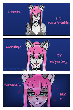 anthro arm_tuft asymmetrical_clothing bite biting_lip black_nose blush blush_lines bra choker clothing countershade_face countershade_neck countershade_torso countershading dialogue dipstick_ears ear_markings ear_piercing ear_ring ear_tuft female fur gradient_hair green_eyes grey_body grey_fur hair heart_eyes heart_symbol jewelry long_hair looking_at_viewer markings multicolored_ears necklace open_mouth piercing pink_hair ponytail ring_piercing shirt shoulder_tuft simple_background solo striped_body stripes talking_to_viewer teeth_showing topwear translucent translucent_clothing translucent_shirt translucent_topwear tuft underwear white_hair atlas_jkb anya_(atlas_jkb) domestic_cat felid feline felis mammal tabby_cat 2:3 comic hi_res shaded simple_shading watermark