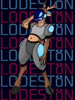 anthro antlers hand_behind_head horn machine male midriff pose poster solo k1r3 lodeston_(lodestone) deer hybrid mammal protogen 3:4 hi_res