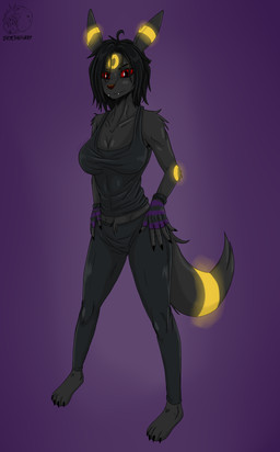 anthro black_body black_eyes black_fur black_hair clothing female fur gloves hair handwear red_sclera solo yellow_body yellow_fur allartskye nintendo pokemon darksy_(allartskye) eeveelution generation_2_pokemon pokemon_(species) umbreon hi_res