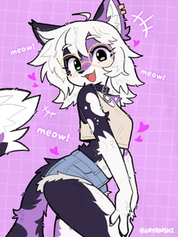 anthro back_arch belly big_tail black_body black_fur blush blush_lines bottomwear breasts clothing collar crop_top denim denim_bottomwear denim_clothing denim_shorts ear_piercing eyelashes eyelashes_through_hair eyewear female fluffy fluffy_ears fluffy_tail fur fur_markings glasses hair hands_on_knees hands_on_legs heart_symbol heterochromia hotpants leg_markings long_hair looking_at_viewer markings messy_hair multicolored_body multicolored_ears multicolored_fur onomatopoeia open_mouth piercing purple_body purple_fur round_glasses shirt shorts small_breasts solo sound_effects spots spotted_markings tail text thigh_markings topwear translucent translucent_hair wearing_glasses white_body white_fur white_hair jayrnski domestic_cat felid feline felis mammal 2026 english_description english_text hi_res