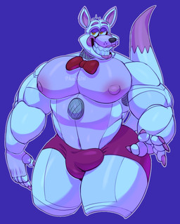 anthro areola balls biceps blush bottomwear bow_tie bulge clothed clothing colored_nails fingers genitals glistening glistening_body hair looking_at_viewer machine male muscular muscular_anthro muscular_male nails nipples open_mouth pecs pink_areola pink_bottomwear pink_clothing pink_nipples pink_shorts shorts simple_background smile solo speaker teeth thick_thighs white_body wire yellow_eyes alva_nsfw five_nights_at_freddy's scottgames sister_location funtime_foxy_(fnaf) animatronic canid canine fox mammal robot absurd_res digital_media_(artwork) hi_res