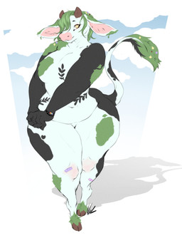 anthro black_body black_fur curved_horn curvy_figure female fur green_body green_fur green_hair hair hair_over_eye half-closed_eyes hooves horn narrowed_eyes plant slightly_chubby slightly_chubby_anthro slightly_chubby_female smile solo tail tail_tuft thick_thighs tuft voluptuous voluptuous_anthro voluptuous_female white_body white_fur wide_hips dullvivid bovid bovine cattle elemental_creature flora_fauna mammal absurd_res hi_res