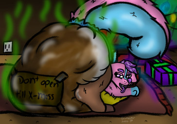 big_diaper bodily_fluids butt christmas_decorations christmas_present clothing diaper dirty don't_open_until_christmas electrical_outlet excessive_feces feces fumes fur genital_fluids gift hair holidays hyper hyper_feces looking_at_viewer looking_back looking_back_at_viewer on_rug pink_body pink_fur presenting presenting_hindquarters purple_eyes purple_hair rug scatplay skunk_tail smelly soiled_diaper soiling stink_fumes stink_lines unclean_diaper urine used_diaper using_diaper wet_diaper wetting wetting_diaper dekudrunx17 christmas finley_(mooneypup) equid equine horse hybrid mammal mephitid skunk colored digital_drawing_(artwork) digital_media_(artwork) hi_res shaded