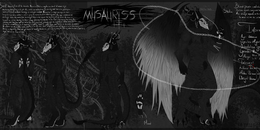 accessory anthro black_body black_fur bone ear_piercing ear_ring fluffy fluffy_hair fur hair horn looking_at_viewer male muscular piercing ring ring_piercing skull skull_head smile solo tail teeth text tongue wings hurion_(artist) mythology musauriss_(hurion) dragon hybrid mythological_creature mythological_scalie scalie absurd_res english_text hi_res model_sheet