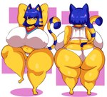 :< anthro back_boob bangs big_breasts big_butt blue_hair bob_cut breasts butt butt_cleavage clothing curvy_figure female front_and_back front_view fur hair hands_behind_head huge_breasts huge_butt hyper hyper_breasts hyper_butt markings midriff narrowed_eyes nipple_outline overweight overweight_anthro overweight_female panties raised_leg rear_view shirt solo striped_markings striped_tail stripes tail tail_markings thick_thighs topwear underwear voluptuous voluptuous_anthro voluptuous_female white_clothing white_topwear white_underwear wide_hips yellow_body yellow_fur yellow_inner_ear lewd_dorky animal_crossing nintendo ankha_(animal_crossing) domestic_cat felid feline felis mammal 2023 absurd_res digital_drawing_(artwork) digital_media_(artwork) hi_res