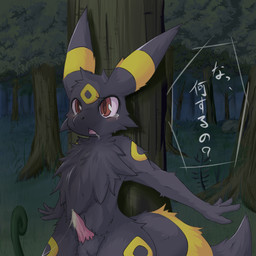 4_fingers against_natural_surface against_surface against_tree anthro anthrofied balls biped black_balls black_body black_ears black_face black_fur black_nose black_tail bodily_fluids cheek_tuft chest_tuft dark_nose detailed_background dialogue drooling ear_markings erection facial_markings facial_tuft fingers forest fur genital_fluids genitals grass head_markings iris knot leaning leaning_backward male markings monotone_genitals monotone_penis multicolored_body multicolored_ears multicolored_face multicolored_fur multicolored_tail nature night nude nude_male outside penis pink_penis plant pokemorph precum pupils question red_eyes red_pupils saliva small_nose solo spread_arms spread_fingers spreading standing surprised tail tail_markings tears text tree tuft two_tone_body two_tone_ears two_tone_face two_tone_fur two_tone_tail white_text wide_eyed wood yellow_body yellow_ears yellow_face yellow_fur yellow_markings yellow_tail fenikusu nintendo pokemon canid canine eeveelution generation_2_pokemon mammal pokemon_(species) umbreon 1:1 2008 dark_theme japanese_text low_res translated