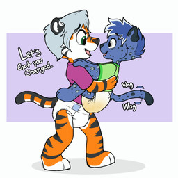 anthro baby black_body black_fur blue_body blue_fur blue_hair bodily_fluids carrying_another carrying_baby clothed clothing dialogue diaper duo eye_contact fur genital_fluids green_clothing green_eyes green_shirt green_topwear grey_eyes grey_hair hair looking_at_another male markings multicolored_body multicolored_fur nuzzling open_mouth open_smile orange_body orange_fur pantsless purple_clothing purple_shirt purple_topwear sagging_diaper shirt side_profile smile spots spotted_markings stripes tail tail_motion tailwag toddler tongue topwear unclean_diaper urine used_diaper walking wet_diaper white_body white_fur young baltnwolf scyler felid jaguar mammal pantherine tiger hi_res