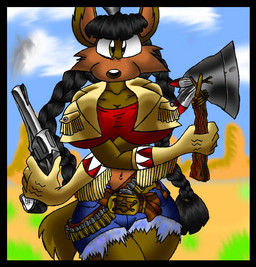 anthro axe belt big_breasts black_border black_hair border bottomwear breasts brown_body brown_fur bullet bullet_belt clothing crop_top female fur gloves gun hair handgun handwear jacket navel pistol ranged_weapon shirt shorts solo topwear weapon virus-20 june_coyote canid canine canis coyote mammal 2006 digital_media_(artwork)