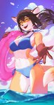 accessory anthro bikini brown_hair clothing ear_piercing ear_ring female gesture hair jewelry kemono looking_at_viewer multicolored_body necklace orange_body piercing ring_piercing sky smile solo swim_ring swimwear two-piece_swimsuit water welcoming white_body yellow_eyes pinkerie cynthia_saito canid canine fox mammal 2024 hi_res