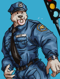 accessory anthro belt big_muscles blue_background bottomwear clock clothed clothing dessert dot_eyes doughnut eating food fur hat headgear headwear huge_muscles long_sleeves male muscular muscular_anthro muscular_male name_tag necktie pants pastry police police_hat police_officer police_officer_eating_donut police_uniform shirt simple_background simple_eyes solo standing topwear traffic_light tuft uniform watch teseirei beastars riz_(beastars) bear brown_bear mammal ursine 2022 hi_res