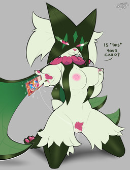 anthro areola big_breasts biped bodily_fluids breasts dialogue female fur genital_fluids genitals green_body green_fur green_tail kneeling looking_at_viewer nipples pink_areola pink_eyes pink_nipples pubes solo tail text vaginal_fluids vulva amazinggwen nintendo pokemon generation_9_pokemon meowscarada pokemon_(species) 2026 absurd_res english_text hi_res