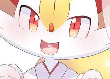 3_fingers ambiguous_anthro ambiguous_gender anthro asian_clothing biped bodily_fluids cheek_tuft claws close-up clothed clothed_ambiguous clothed_anthro clothing cute_fangs drooling east_asian_clothing facial_tuft fangs finger_claws fingers front_view fur heart_in_mouth inner_ear_fluff japanese_clothing looking_at_viewer miko_outfit open_mouth orange_body orange_eyes orange_fur orange_inner_ear_fluff orange_nose pointy_ears prick_ears saliva simple_background solo standing tail tapering_snout teeth tongue tuft white_background yellow_body yellow_fur yellow_tail yakiniku628 nintendo pokemon braixen canid generation_6_pokemon mammal pokemon_(species) 2020 cel_shading colored digital_drawing_(artwork) digital_media_(artwork) headshot_portrait japanese_description portrait shaded translated_description